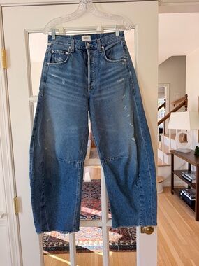 Barrel Leg Distressed Blue Denim Jeans